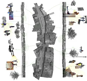 We initially collaged together all the facade images taken and then annotated them with further reference to key areas. The right hand side looking at materiality, street furniture and observations of people. The
left hand side looks at observing some of the most dominant features - the traffic, shopping centre and busy public market in the centre.
